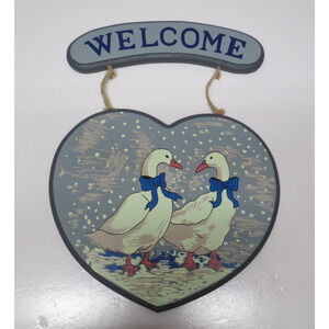 VINTAGE BLUE BOW GEESE GOOSE DECOR PLAQUE WALL HANGING WELCOME SIGN w/ Box